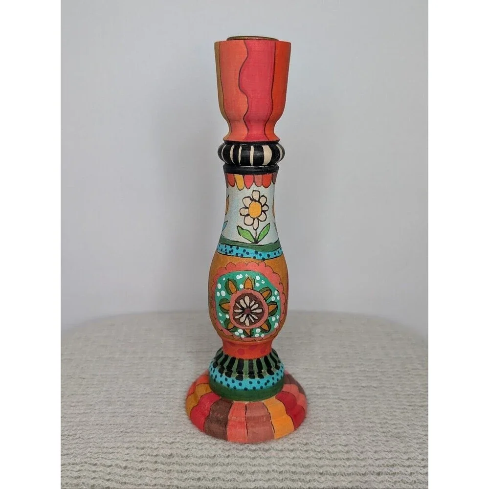 Hand-Painted Colorful Floral Wooden Candlestick